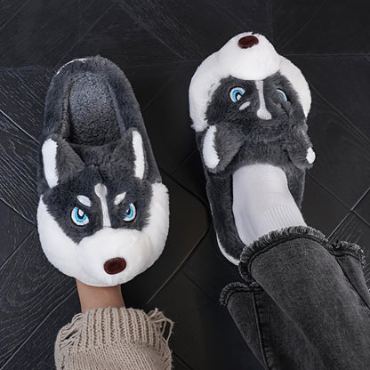 Adorable Husky-Shaped Plush Slippers for Men & Women - Soft, Durable, Warm & Cozy Indoor/Outdoor Wear, Brown & White Cartoon Design, Slip-On Style, Perfect for Fall/Winter Season, Cozy Home Shoes | Trendy Slippers | Durable S