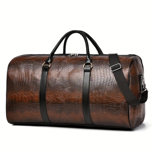Vintage Crocodile Pattern Duffel Bag | Retro Style | Large Capacity | Black & Dark Brown | Versatile Travel Tote with Shoulder Stra