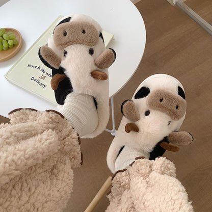 Cute Milk Cow Slippers | Women and Men Fuzzy Slippers, Winter Plush Platform Slides, Indoor Kawaii Shoes, Cartoon Style, Fabric Upper and Insole, TPU Sole