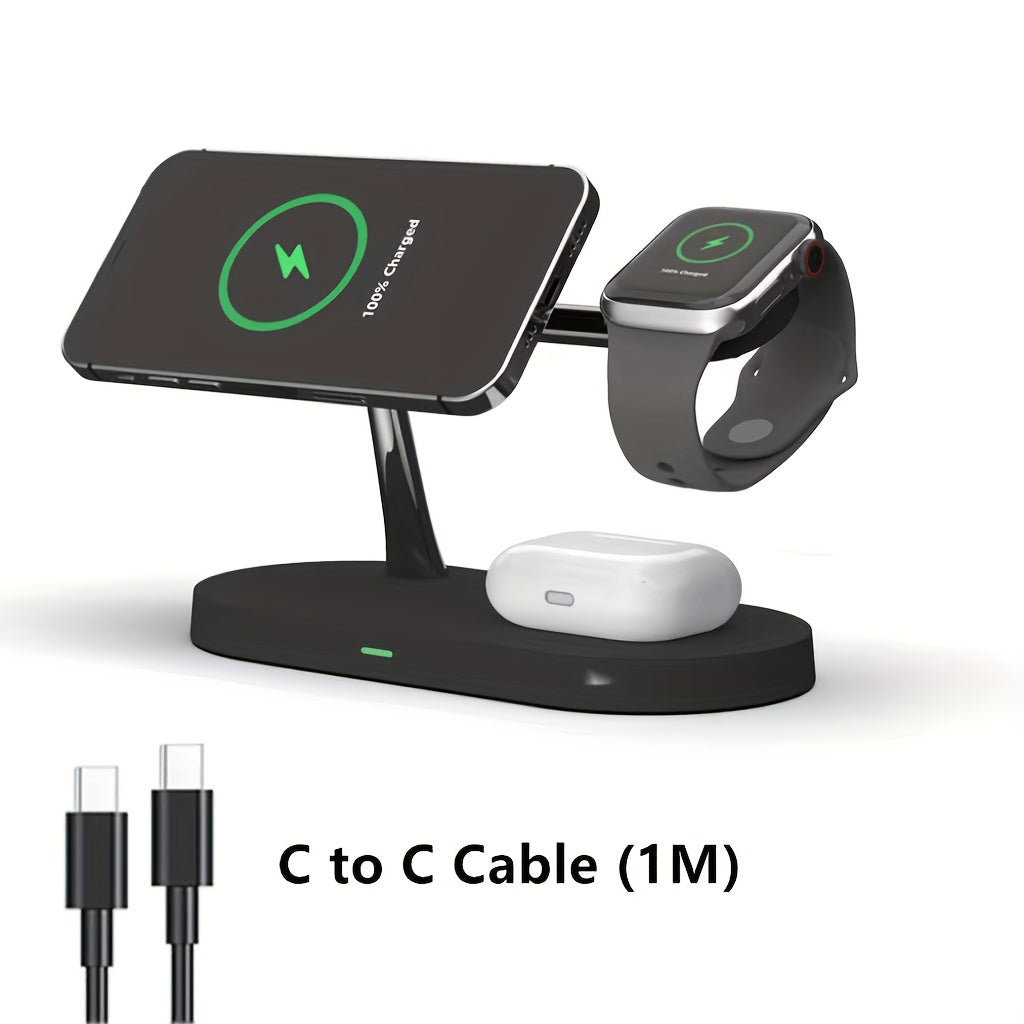 TIMESS 5-in-1 Magnetic Wireless Charger Stand with 15W Fast Charging, LED Night Light & Home Hub - Compatible with for iphone 15/14/13/12 Pro Max Mini, Apple Watch 9/8/7/SE/6/5/4/3/2, Airpods 3/2/pro - Usb-powered