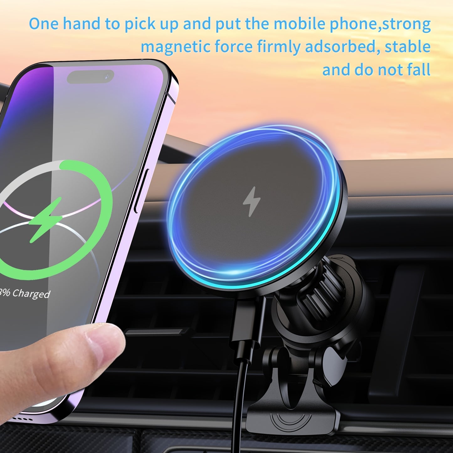 15W Magnetic Car Charger, Featuring a Strong Magnet, This Magnetic Wireless Charging Mount Is Compatible with Iphone 15 Pro Max, 14, 13, 12 Plus. It Is a Qi Car Charger with a Magnetic Design, Allowing for 360° Rotation And