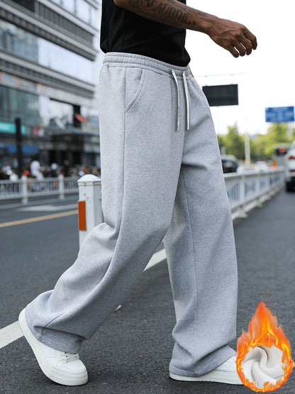 Men'S Casual Sports Long Pants, Loose Fit - Made of Polyester, Featuring a Drawstring Design, Suitable for Jogging, Streetwear, And Outdoor Activities, Warm Fleece-Lined Pants for Autumn And Winter