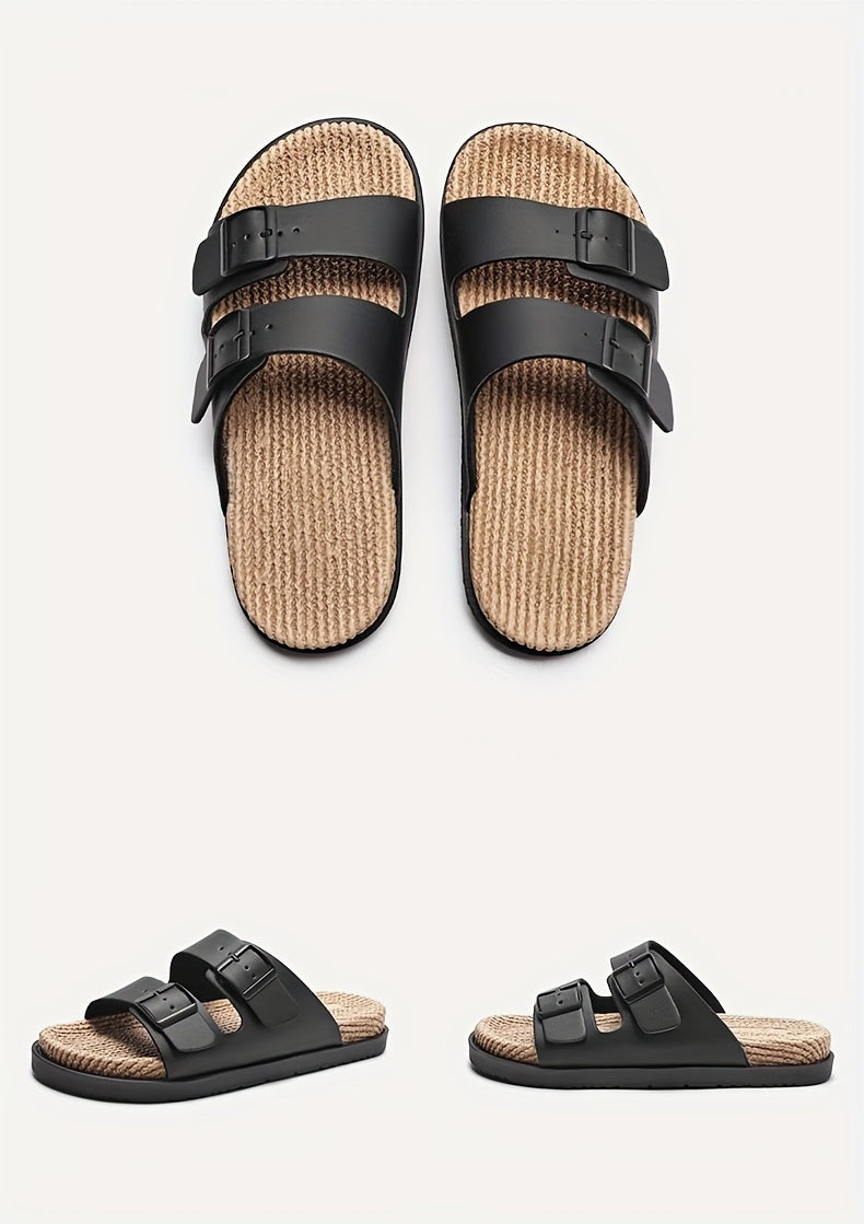 Men'S Quick-Dry Breathable Slide Sandals - Comfortable Indoor/Outdoor Summer Beach Shoes with Double Buckle Closure, Stylish Brown Faux Cover Design for Casual Wear, Beach Footwear | Stylish Men'S Sandals | EVA Sole Sandals