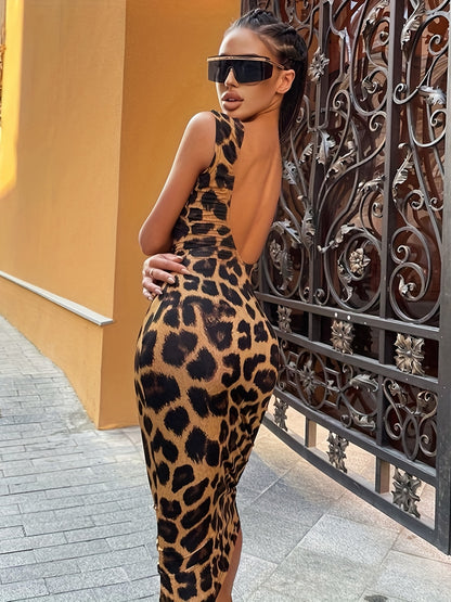 Leopard Print Backless Sleeveless Bodycon Dress - Stretchy Slim Fit Long Length Crew Neck Gothic Raglan Style Machine Washable Autumn Fashion Dress for Women, Leopard Print Dress, Street Style Attire, Formal Elegance, Smooth