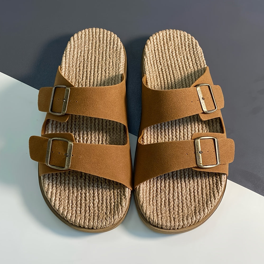 Men'S Quick-Dry Breathable Slide Sandals - Comfortable Indoor/Outdoor Summer Beach Shoes with Double Buckle Closure, Stylish Brown Faux Cover Design for Casual Wear, Beach Footwear | Stylish Men'S Sandals | EVA Sole Sandals