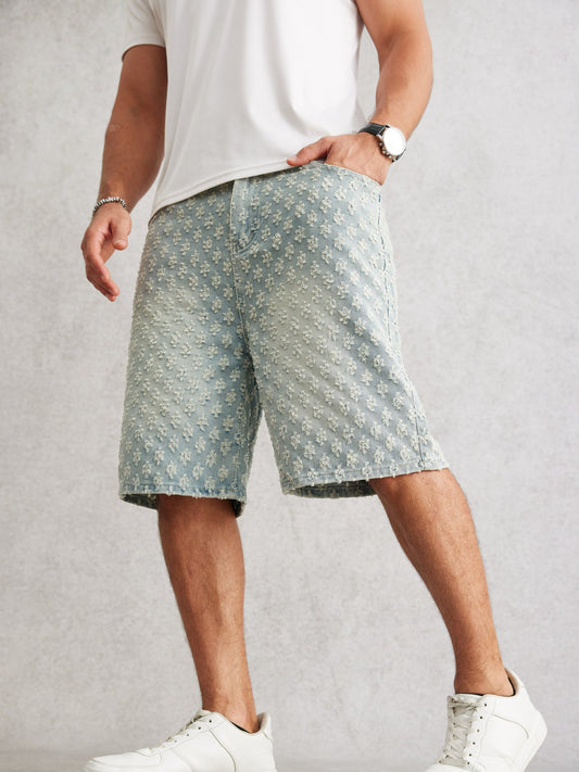 Fashion Casual Denim Shorts with Floral Pattern and Distressed Details | Non-Stretch Fabric, Regular Fit, Knee-Length, Pockets