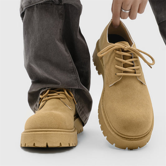 Derby Shoes New Spring Low-Top Men's Vintage Work Boots with Thick Sole for Height Increase, Breathable with Large Toe Cap