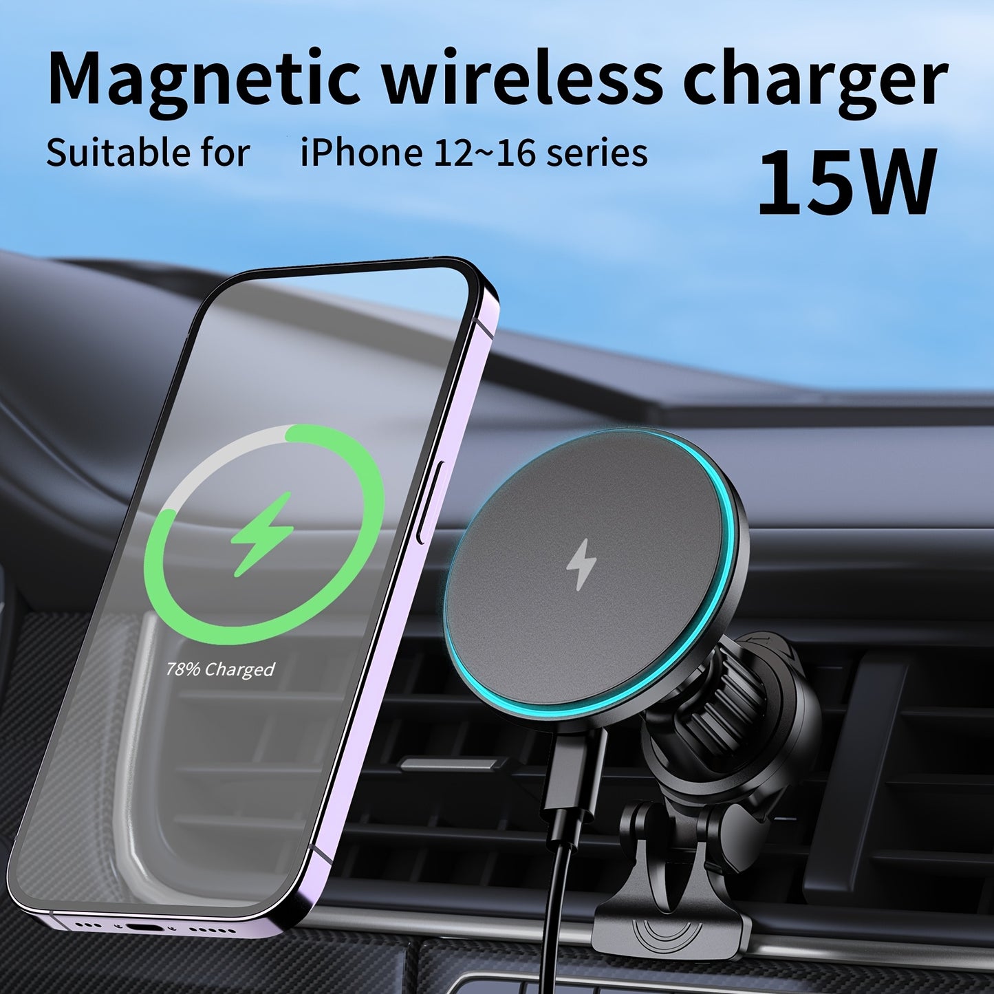 15W Magnetic Car Charger, Featuring a Strong Magnet, This Magnetic Wireless Charging Mount Is Compatible with Iphone 15 Pro Max, 14, 13, 12 Plus. It Is a Qi Car Charger with a Magnetic Design, Allowing for 360° Rotation And