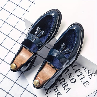 Men's British Style Formal Dress Shoes - Pointed Toe Slip-On with Bow Detail, Superfine Synthetic & PU Sole, All-Season Versatile for Business, Weddings, Office - Navy Blue, Wedding Footwear | Elegant Casual Shoes | Decorativ