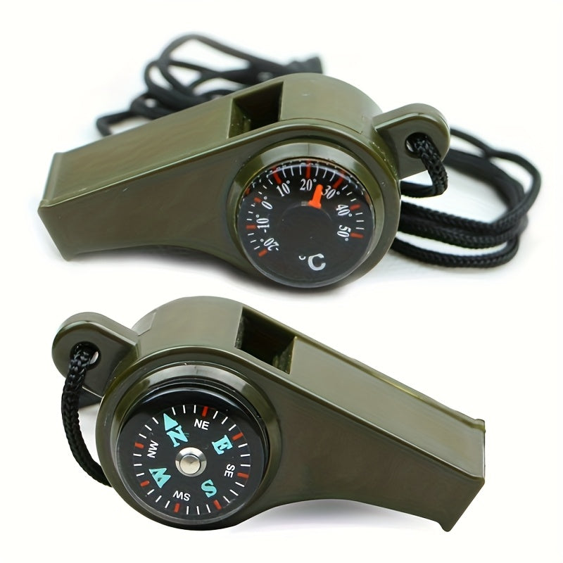 3-in-1 Emergency Whistle with Compass and Thermometer - Perfect for Camping, Hiking, Outdoor Adventures, Refereeing, and Cheerleading - Made of PVC