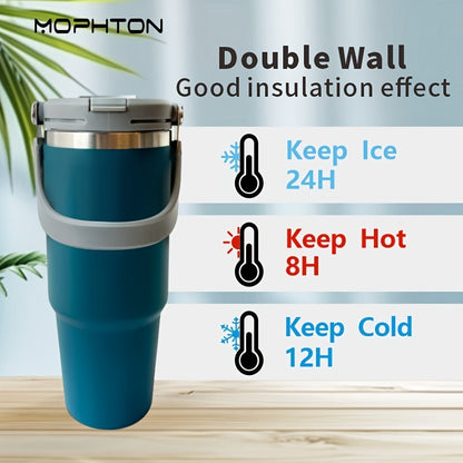 MOPHTON Insulated Stainless Steel Tumbler - Dual Drinking, 24-Hour Cold Retention, Portable for Office, Gym, Yoga & Travel