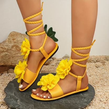 Fashion 3D Floral Woven Lace-up Women'S Sandals | Summer Roman Style, Strappy Back, Open Toe, Synthetic, Low Heel, All-season