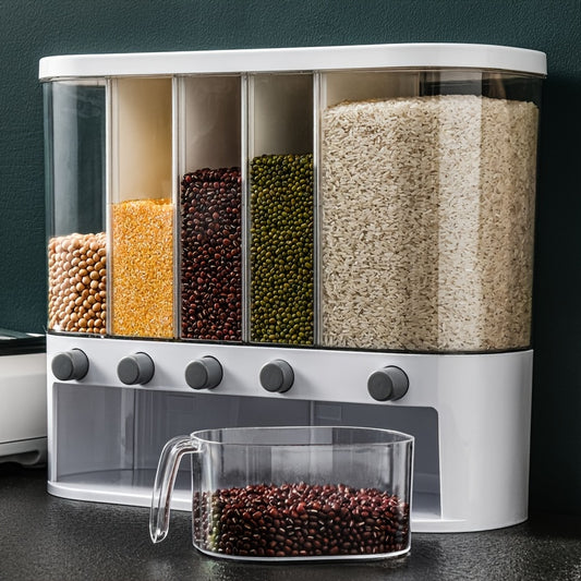 1pc Upgraded 5-Compartment Sealed Kitchen Storage Container | Square Plastic Grain & Dry Food Organizer for Rice, Beans, Pasta & Spices - Space-Saving, Bug-Proof & Moisture-Proof 12L Japanese-Style Cereal Box, Perfect Gift