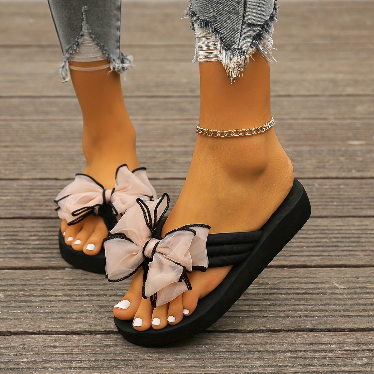 3Cm Pink Bow Flip-Flops, New 2026 Beach Sandals for Women, Stylish Thick-Soled Wedge Sandals for Summer, Perfect for Wearing by The Sea with Floral Designs., Women Shoes