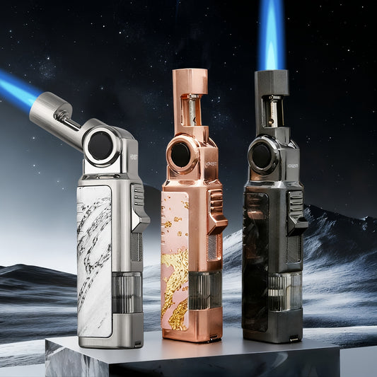 A Versatile Metal Torch Lighter That Features a Punch, a Foldable And Rotatable Design, And a Polished Marble Pattern. It Is Windproof, Adjustable, And Refillable with Butane, Without Battery