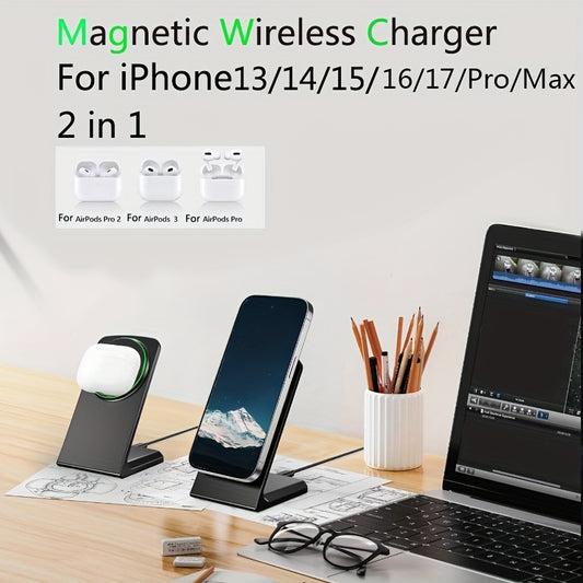 Magnetic Wireless Charger for iPhone 12/13/14/15/16/17 Pro/Max, 15W Fast Charging Desktop Stand, Apple Smart Earbuds Charging Station, Vertical Wireless Charging Dock