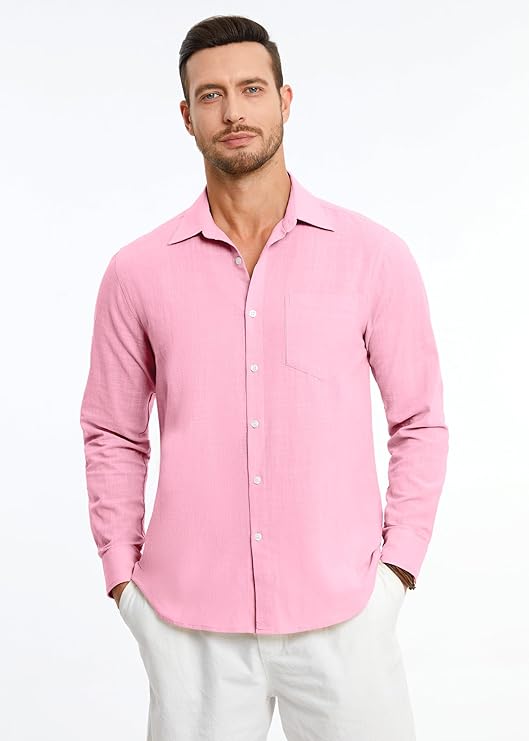Men's Cotton Linen Shirts Long Sleeve Lightweight Summer Linen Shirt Regular Fit Button Down Casual Shirt with Pocket
