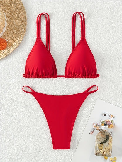 New European and American Triangle Cup Back Strap Single-Sided Double Shoulder Strap Low Waist Thong Bikini