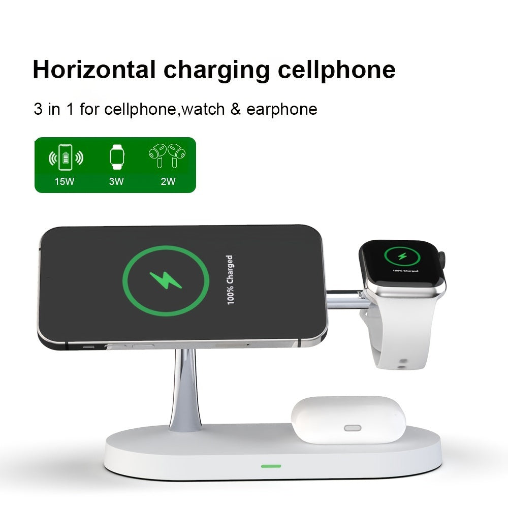 TIMESS 5-in-1 Magnetic Wireless Charger Stand with 15W Fast Charging, LED Night Light & Home Hub - Compatible with for iphone 15/14/13/12 Pro Max Mini, Apple Watch 9/8/7/SE/6/5/4/3/2, Airpods 3/2/pro - Usb-powered