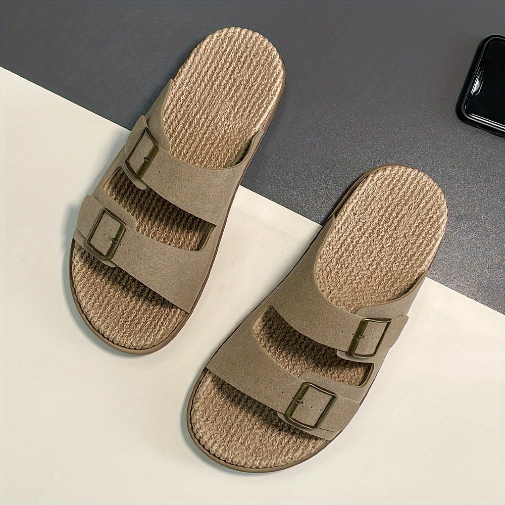 Men'S Quick-Dry Breathable Slide Sandals - Comfortable Indoor/Outdoor Summer Beach Shoes with Double Buckle Closure, Stylish Brown Faux Cover Design for Casual Wear, Beach Footwear | Stylish Men'S Sandals | EVA Sole Sandals