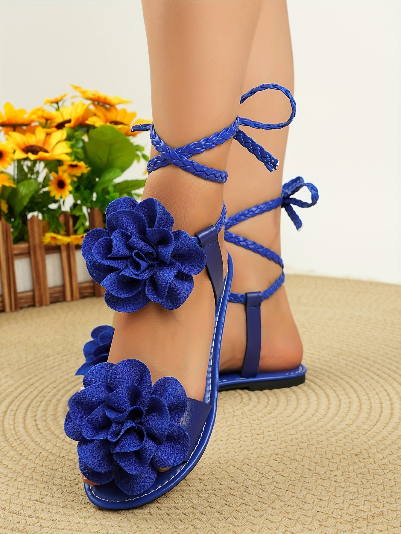 Fashion 3D Floral Woven Lace-up Women'S Sandals | Summer Roman Style, Strappy Back, Open Toe, Synthetic, Low Heel, All-season