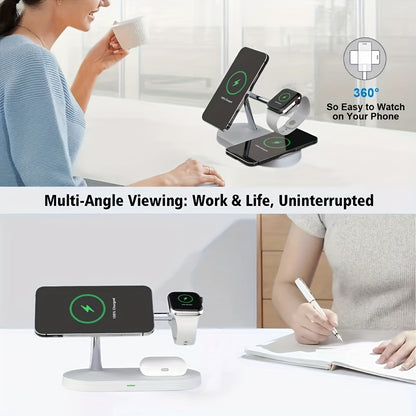 TIMESS 5-in-1 Magnetic Wireless Charger Stand with 15W Fast Charging, LED Night Light & Home Hub - Compatible with for iphone 15/14/13/12 Pro Max Mini, Apple Watch 9/8/7/SE/6/5/4/3/2, Airpods 3/2/pro - Usb-powered