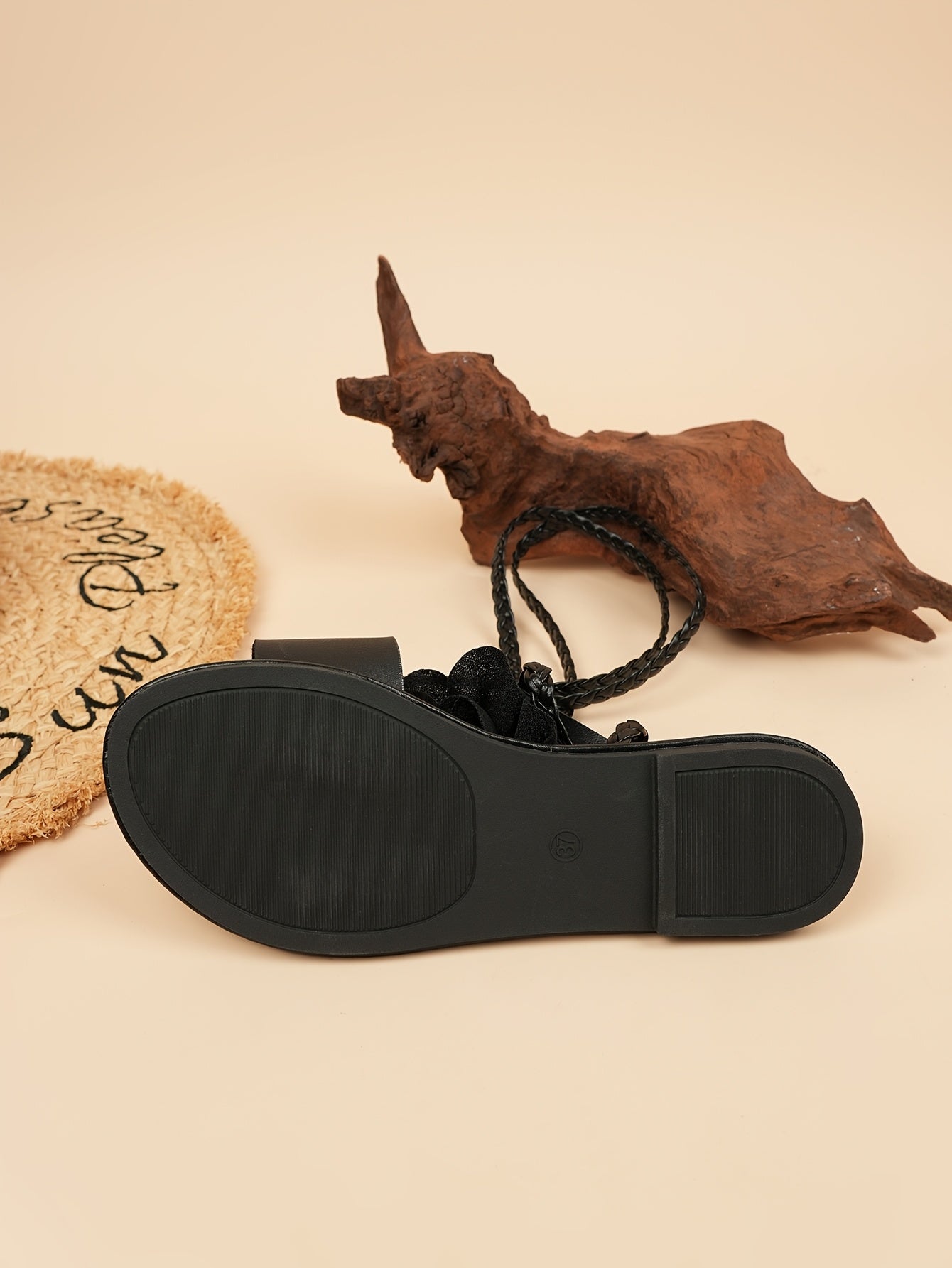 Fashion 3D Floral Woven Lace-up Women'S Sandals | Summer Roman Style, Strappy Back, Open Toe, Synthetic, Low Heel, All-season