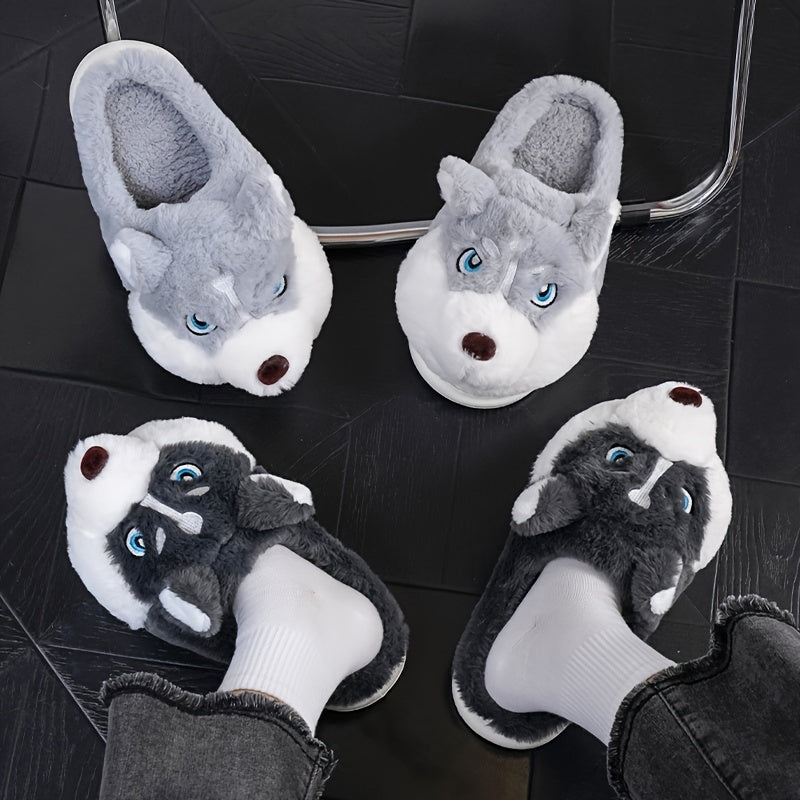 Adorable Husky-Shaped Plush Slippers for Men & Women - Soft, Durable, Warm & Cozy Indoor/Outdoor Wear, Brown & White Cartoon Design, Slip-On Style, Perfect for Fall/Winter Season, Cozy Home Shoes | Trendy Slippers | Durable S
