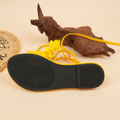 Fashion 3D Floral Woven Lace-up Women'S Sandals | Summer Roman Style, Strappy Back, Open Toe, Synthetic, Low Heel, All-season