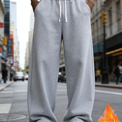 Men'S Casual Sports Long Pants, Loose Fit - Made of Polyester, Featuring a Drawstring Design, Suitable for Jogging, Streetwear, And Outdoor Activities, Warm Fleece-Lined Pants for Autumn And Winter