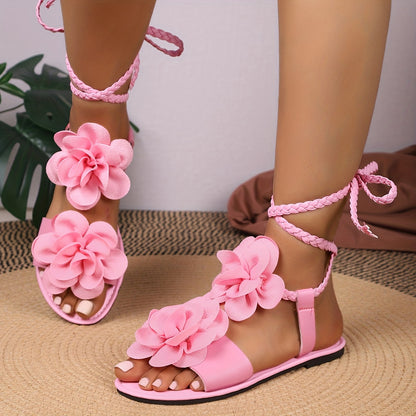 Fashion 3D Floral Woven Lace-up Women'S Sandals | Summer Roman Style, Strappy Back, Open Toe, Synthetic, Low Heel, All-season