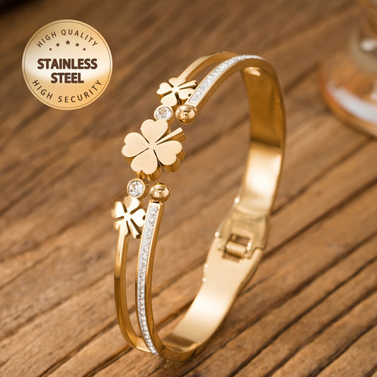 1pc Fashion Bohemian Elegant Leaf Open Adjustable 304 Stainless Steel Bracelet Bangle for Women Accessories Golden Simple Versatile Inlaid Rhinestones Daily Dance Party Holiday Music Festival Mothers Day Graduation Wedding Va