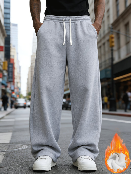 Men'S Casual Sports Long Pants, Loose Fit - Made of Polyester, Featuring a Drawstring Design, Suitable for Jogging, Streetwear, And Outdoor Activities, Warm Fleece-Lined Pants for Autumn And Winter