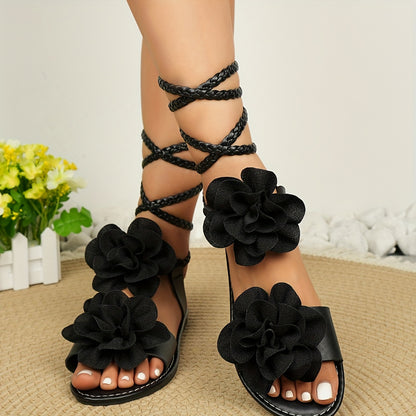 Fashion 3D Floral Woven Lace-up Women'S Sandals | Summer Roman Style, Strappy Back, Open Toe, Synthetic, Low Heel, All-season