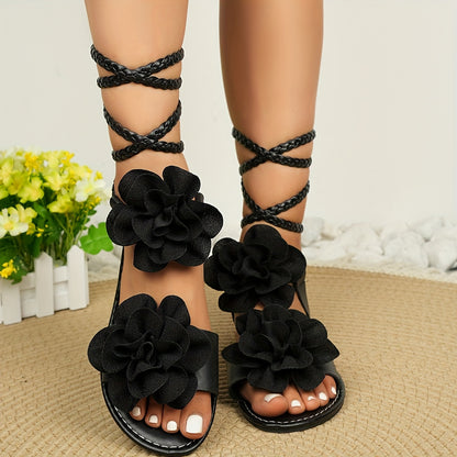 Fashion 3D Floral Woven Lace-up Women'S Sandals | Summer Roman Style, Strappy Back, Open Toe, Synthetic, Low Heel, All-season