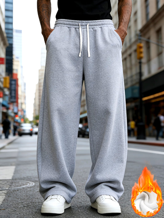 Men'S Casual Sports Long Pants, Loose Fit - Made of Polyester, Featuring a Drawstring Design, Suitable for Jogging, Streetwear, And Outdoor Activities, Warm Fleece-Lined Pants for Autumn And Winter