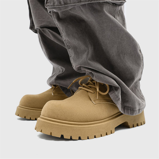 Derby Shoes New Spring Low-Top Men's Vintage Work Boots with Thick Sole for Height Increase, Breathable with Large Toe Cap