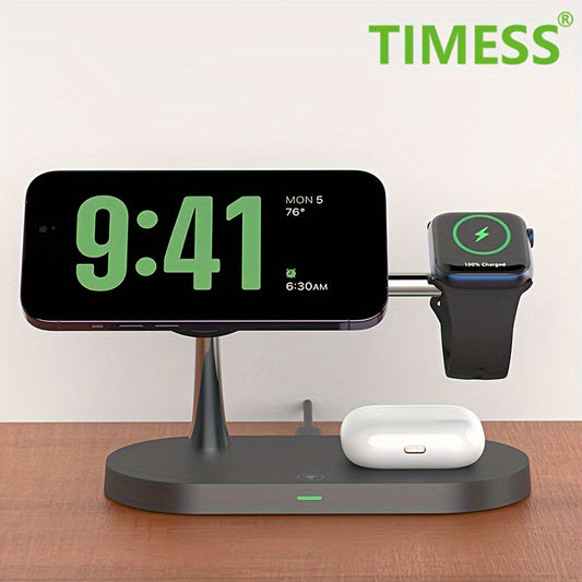 TIMESS 5-in-1 Magnetic Wireless Charger Stand with 15W Fast Charging, LED Night Light & Home Hub - Compatible with for iphone 15/14/13/12 Pro Max Mini, Apple Watch 9/8/7/SE/6/5/4/3/2, Airpods 3/2/pro - Usb-powered