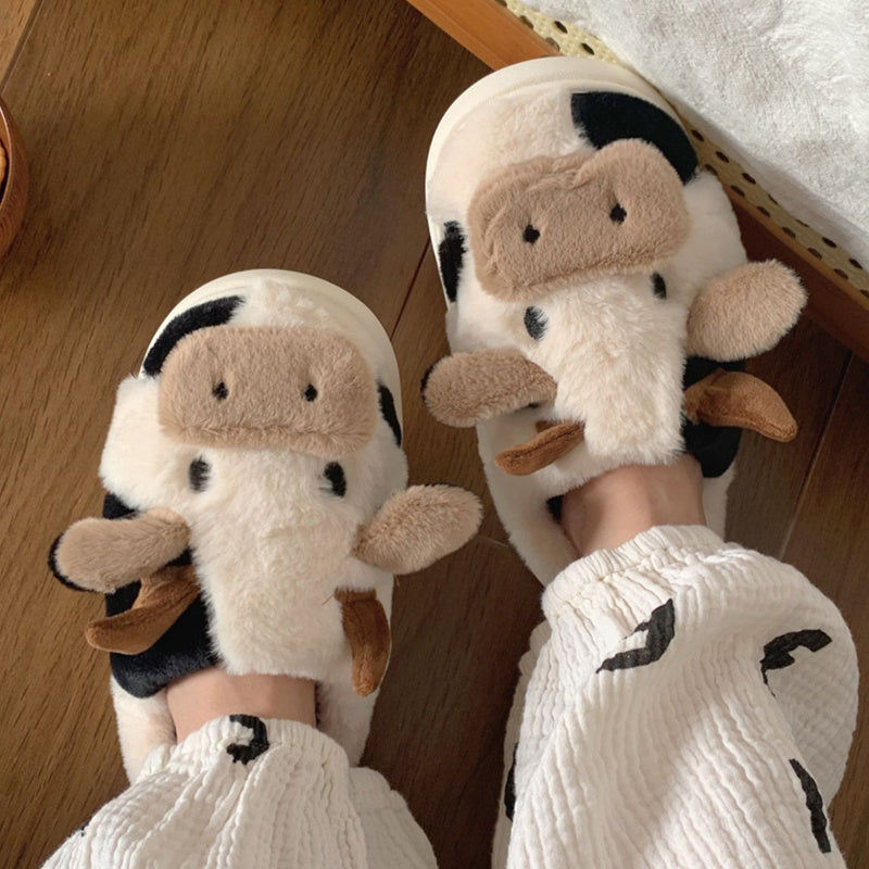 Cute Milk Cow Slippers | Women and Men Fuzzy Slippers, Winter Plush Platform Slides, Indoor Kawaii Shoes, Cartoon Style, Fabric Upper and Insole, TPU Sole