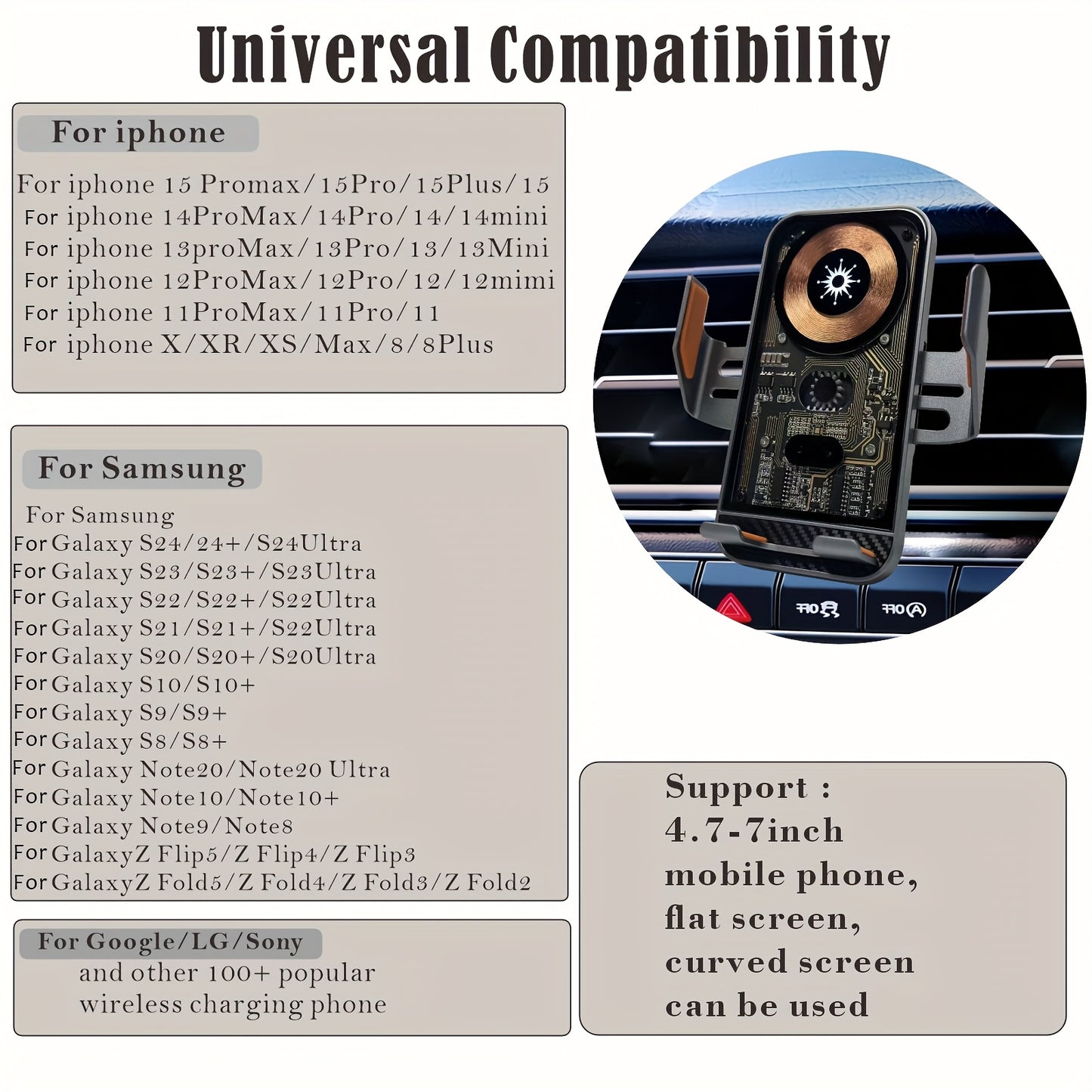 SUONEE 15W Fast Wireless Car Charger with Auto-Clamping - USB Magnetic Charging Mount for iPhone 16/15/14/13/12/11 Pro Max/Xs, Samsung S24/S23/S22/S21/S20/S10+/S9+/Note 9 & More, Rechargeable Lithium Polymer Battery, Car Char
