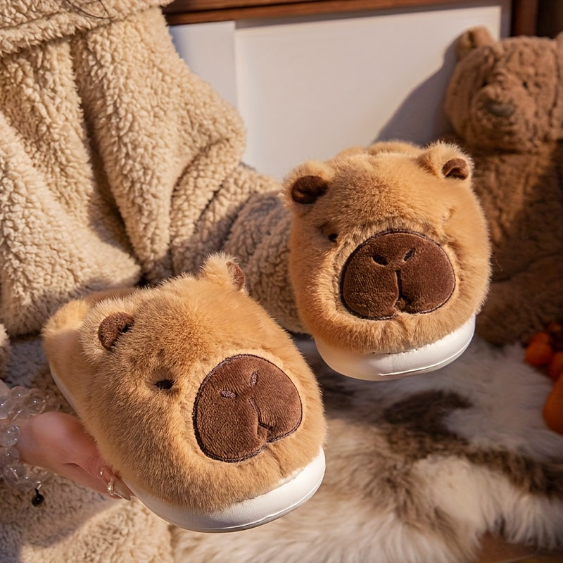 Men And Women Couple'S Anti-Slip Indoor Warm Plush Slippers for Home, Featuring Cartoon Capybara Design for Winter Holidays.