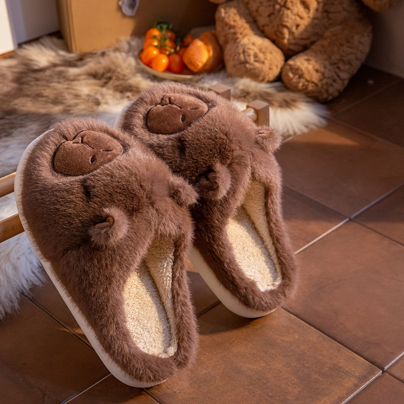 Men And Women Couple'S Anti-Slip Indoor Warm Plush Slippers for Home, Featuring Cartoon Capybara Design for Winter Holidays.