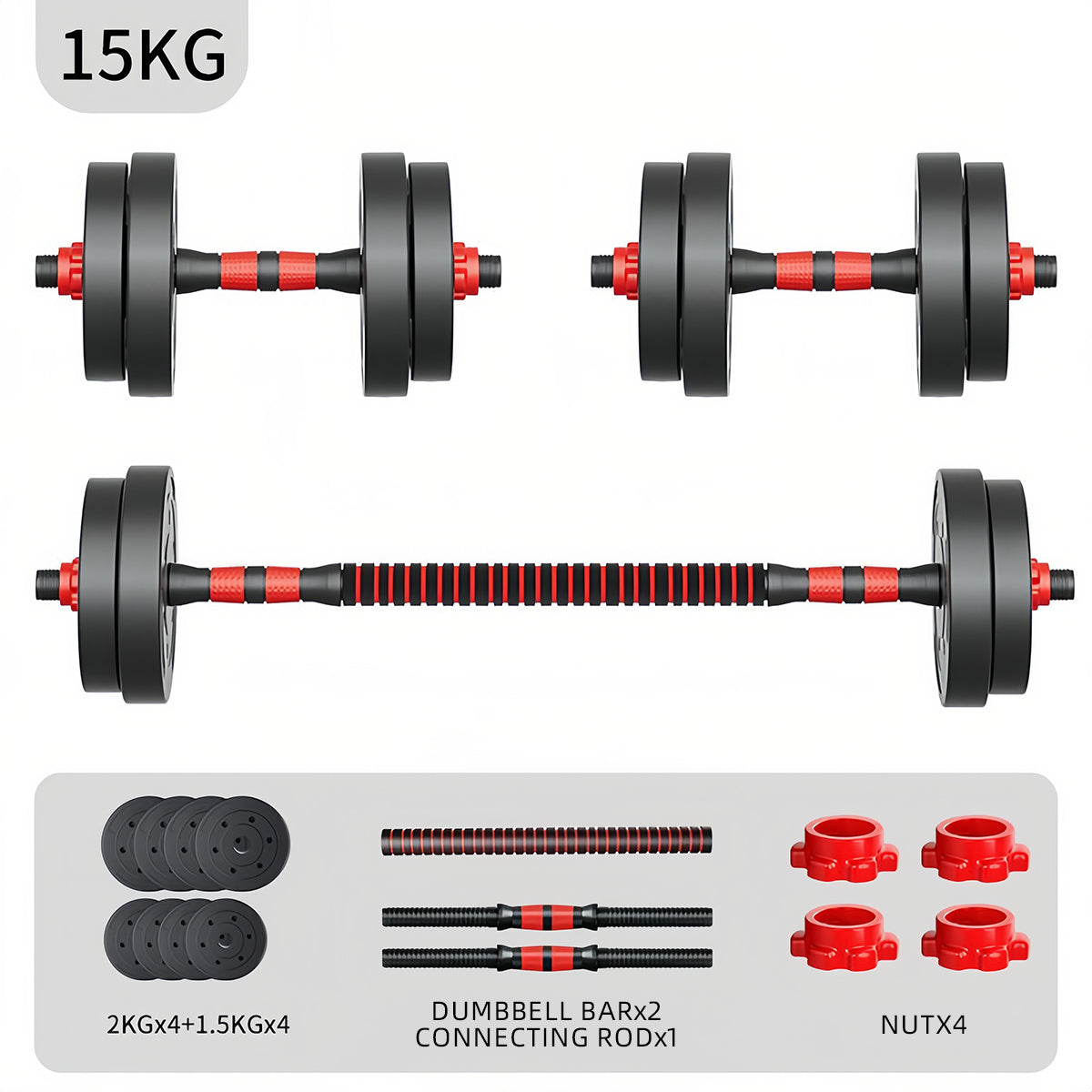 Adjustable Dumbbell Set - 2-in-1, 10 kg, 15 kg, 20 kg, 30 kg, 40 kg - Non-Slip Straight Barbell with Coated Weight Plates and Dumbbells