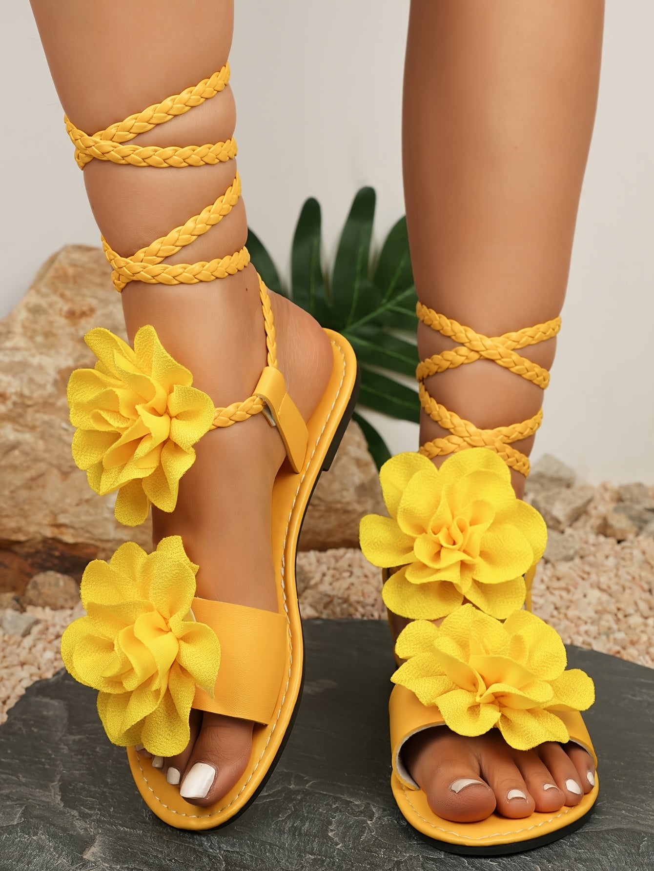 Fashion 3D Floral Woven Lace-up Women'S Sandals | Summer Roman Style, Strappy Back, Open Toe, Synthetic, Low Heel, All-season