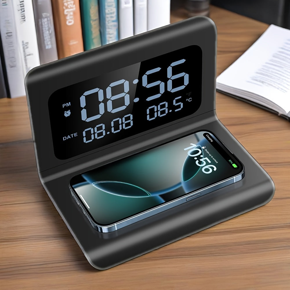 3in 1 Wireless Charger, Time Temperature Display, Alarm Clock for Bedroom Desk, Charging Dock Station for iPhone 16 15 14 13 12 11 Pro Max/Mini/Plus/XR/X/8 AirPods 2/3/4/Pro/Pro 2, AirPods 4/3/Pro/2, for Samsung S25/S23/S22/S