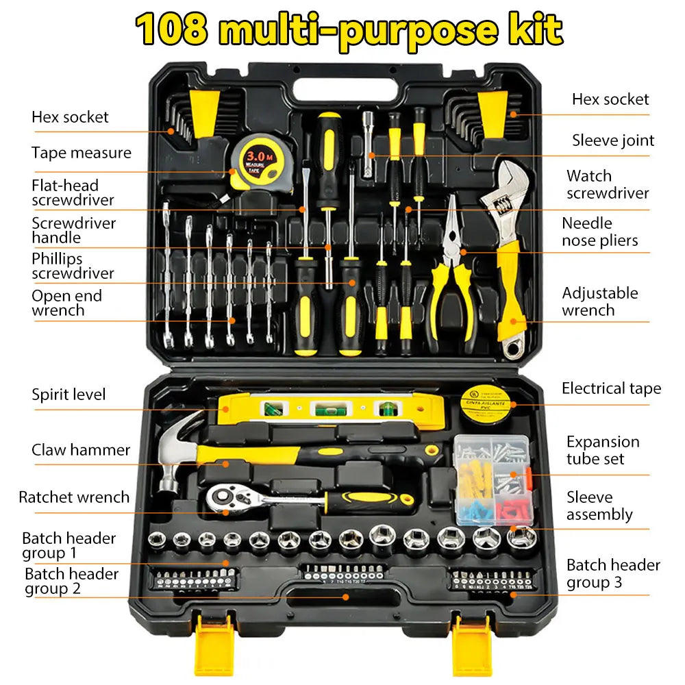 108-Piece Household Tool Set with Plastic Toolbox, General Hand Tool Kit for Home and Car Repair
