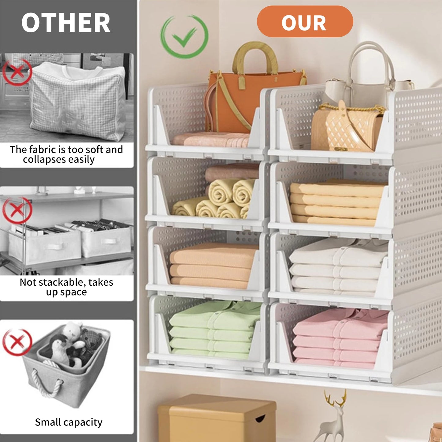 Stackable Foldable Storage Boxes with Drawers, PP Cabinet & Wardrobe Organizer for Bedroom & Bathroom