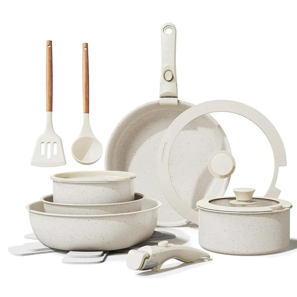 Almalux® Nonstick Cookware Set with Detachable Handles, Granite Coating, Induction Ready & Dishwasher Safe