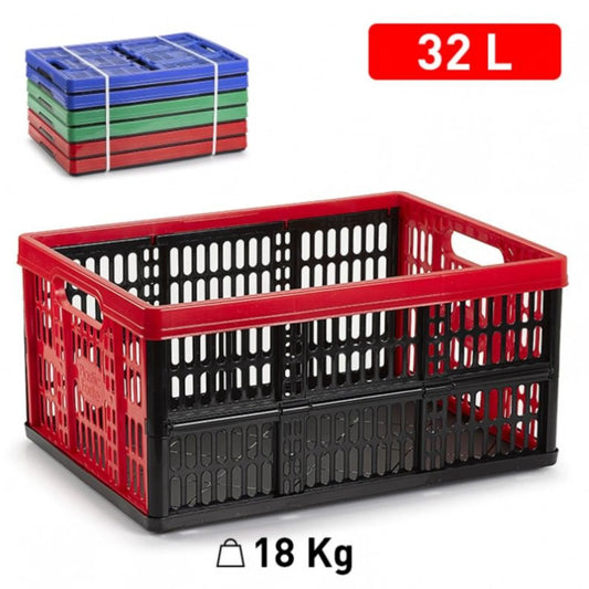 Plastic Forte Foldable Storage Boxes, Pack of 3 (32L), Stackable Collapsible Crates in Blue, Green & Red