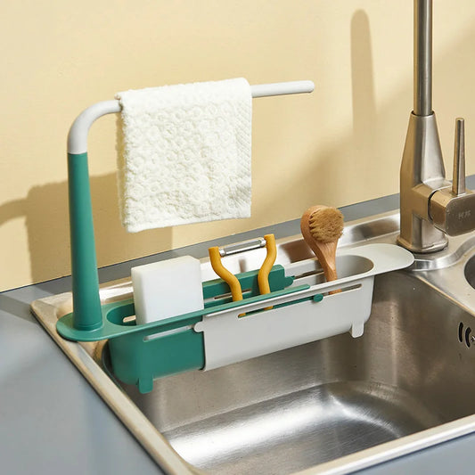 Telescopic Kitchen Sink Organizer Shelf, Adjustable Sink Drain Rack with Soap Sponge Holder & Towel Hanger
